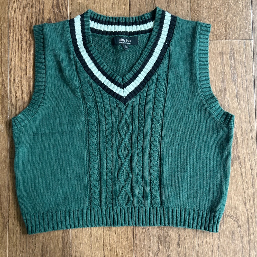 Forest Green Cable Knit Sweater Vest with Sporty Trim